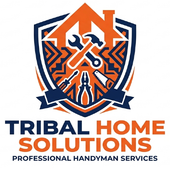 A navy and orange logo for Tribal Home Solutions featuring a shield, a house outline, and various construction tools.