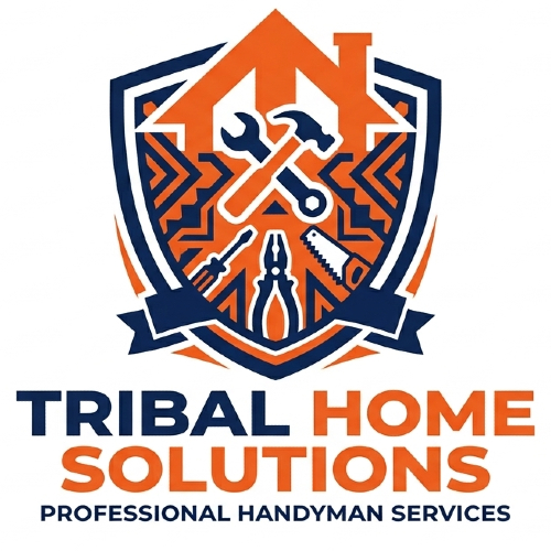 A navy and orange logo for Tribal Home Solutions featuring a shield, a house outline, and various construction tools.