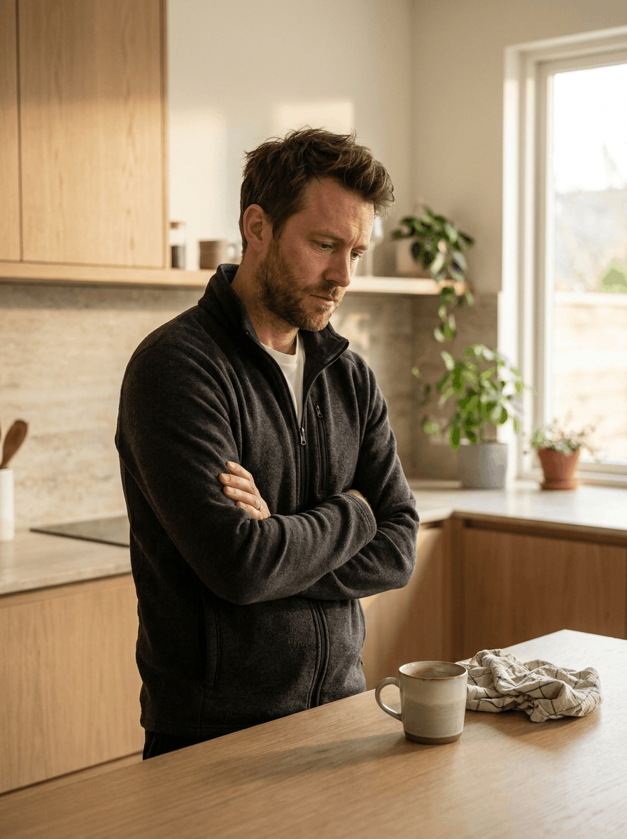 Man with folded arms standing in a bright kitchen beside a mug and wrapped bread on the counter