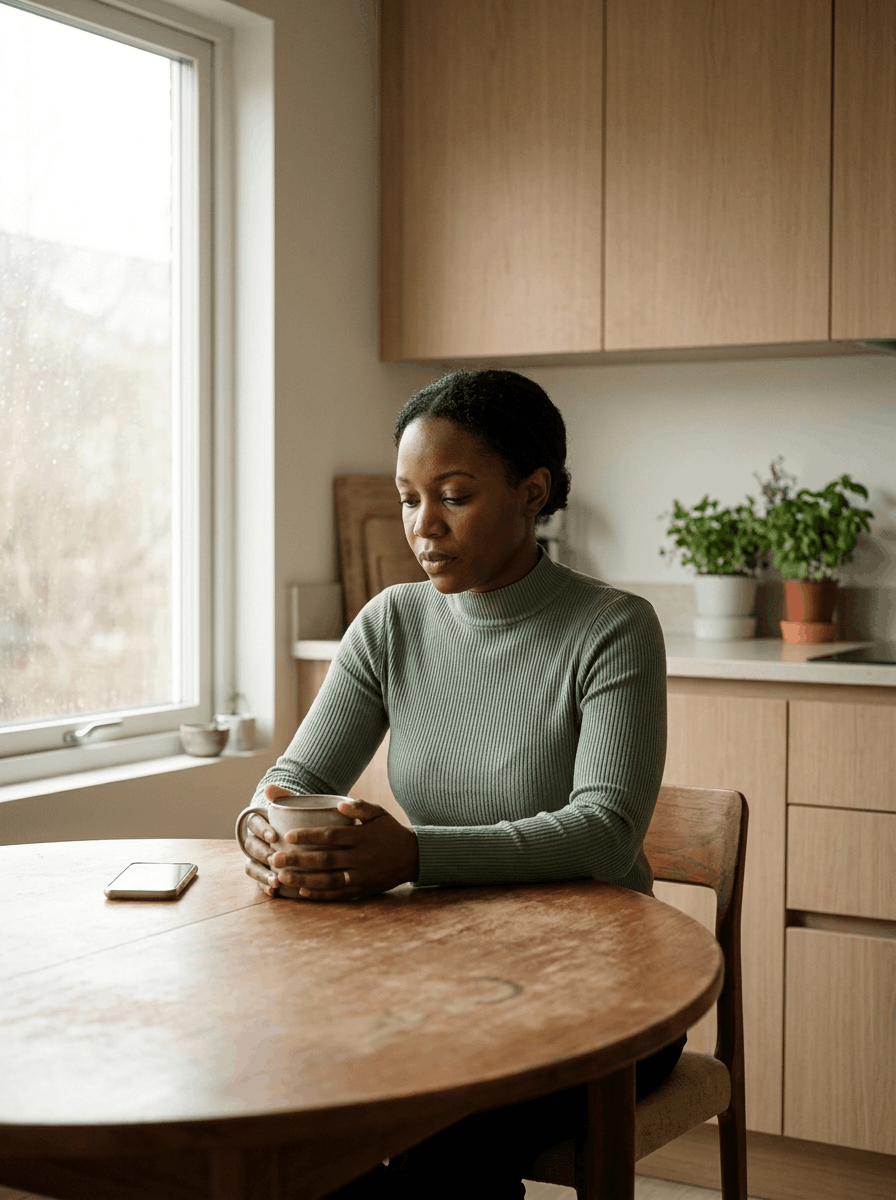 Person sitting at a round wooden table by a window in a bright kitchen, holding a mug