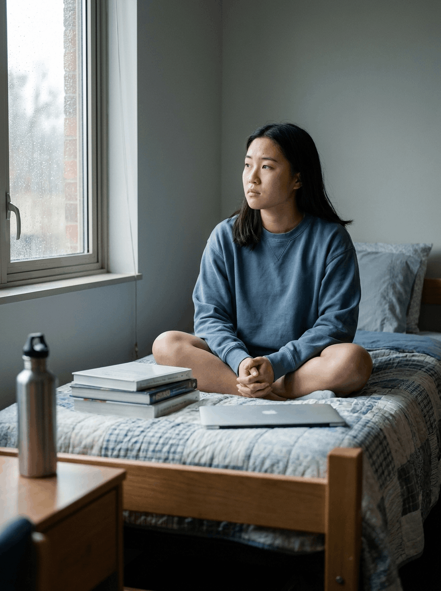 Person sitting cross-legged on a bed by a window, looking outside, with books and a water bottle nearby.