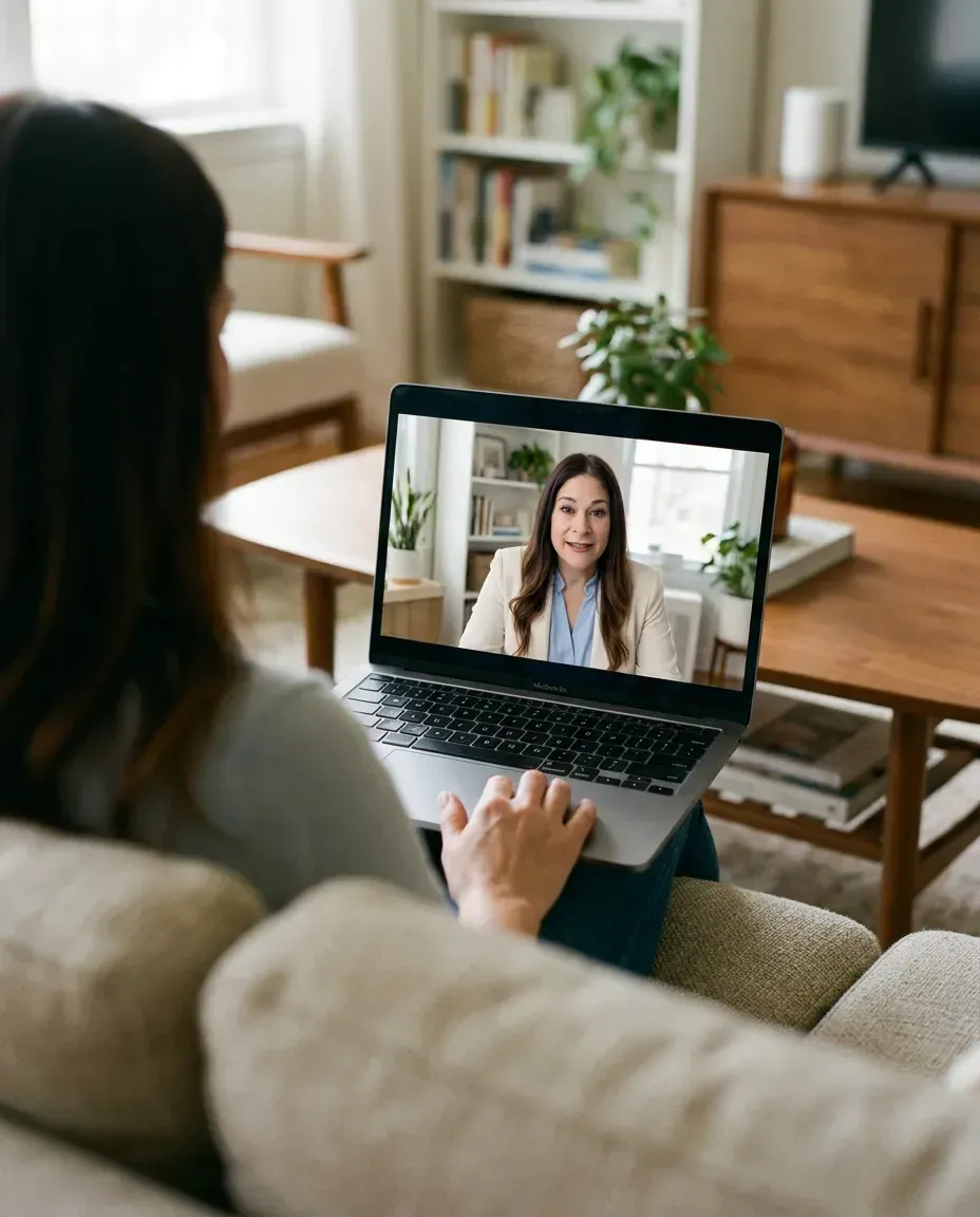 Person video chatting on a laptop from a beige couch in a living room
