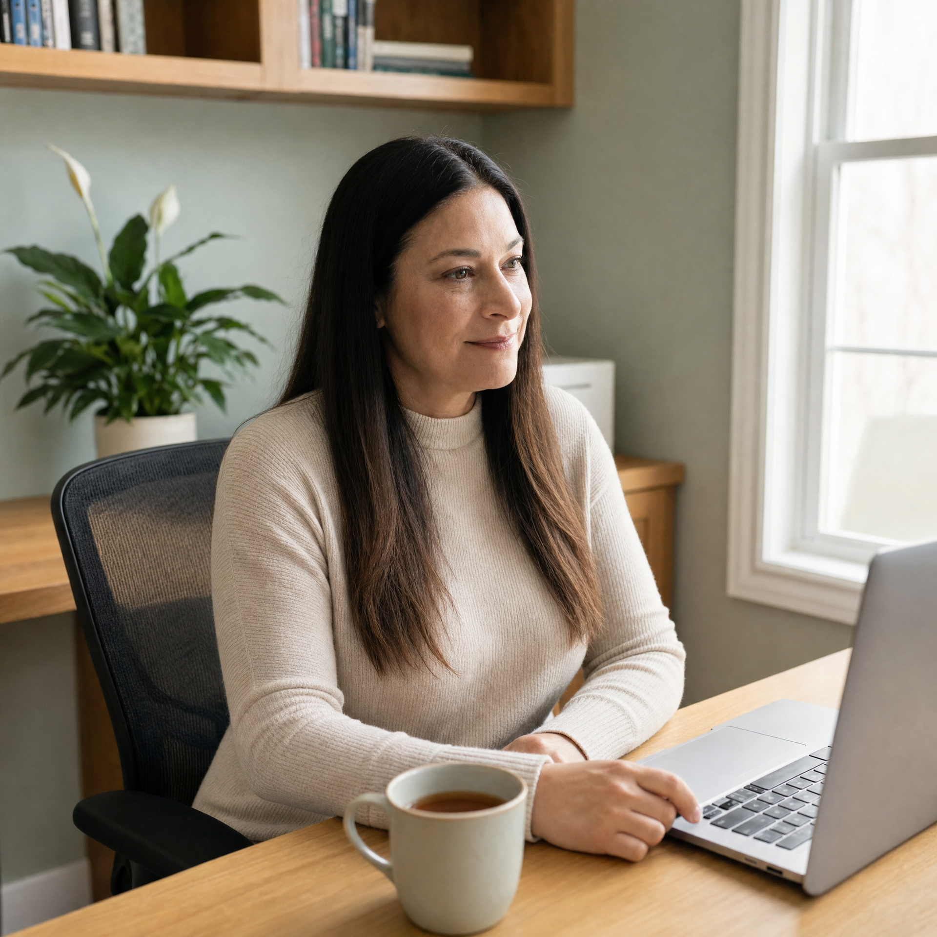 Woman working on a laptop at a desk with a coffee mug in a bright home office