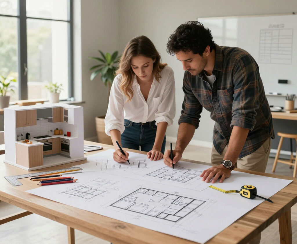Two coworkers review architectural plans on a kitchen island with a laptop and tools in a bright room.