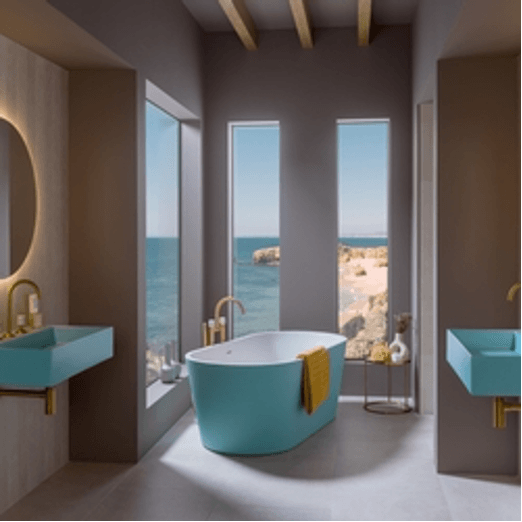 Modern bathroom with turquoise tub and sinks overlooking the ocean