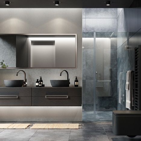 Modern gray bathroom with dual sinks, large mirror, glass shower, and minimalist fixtures