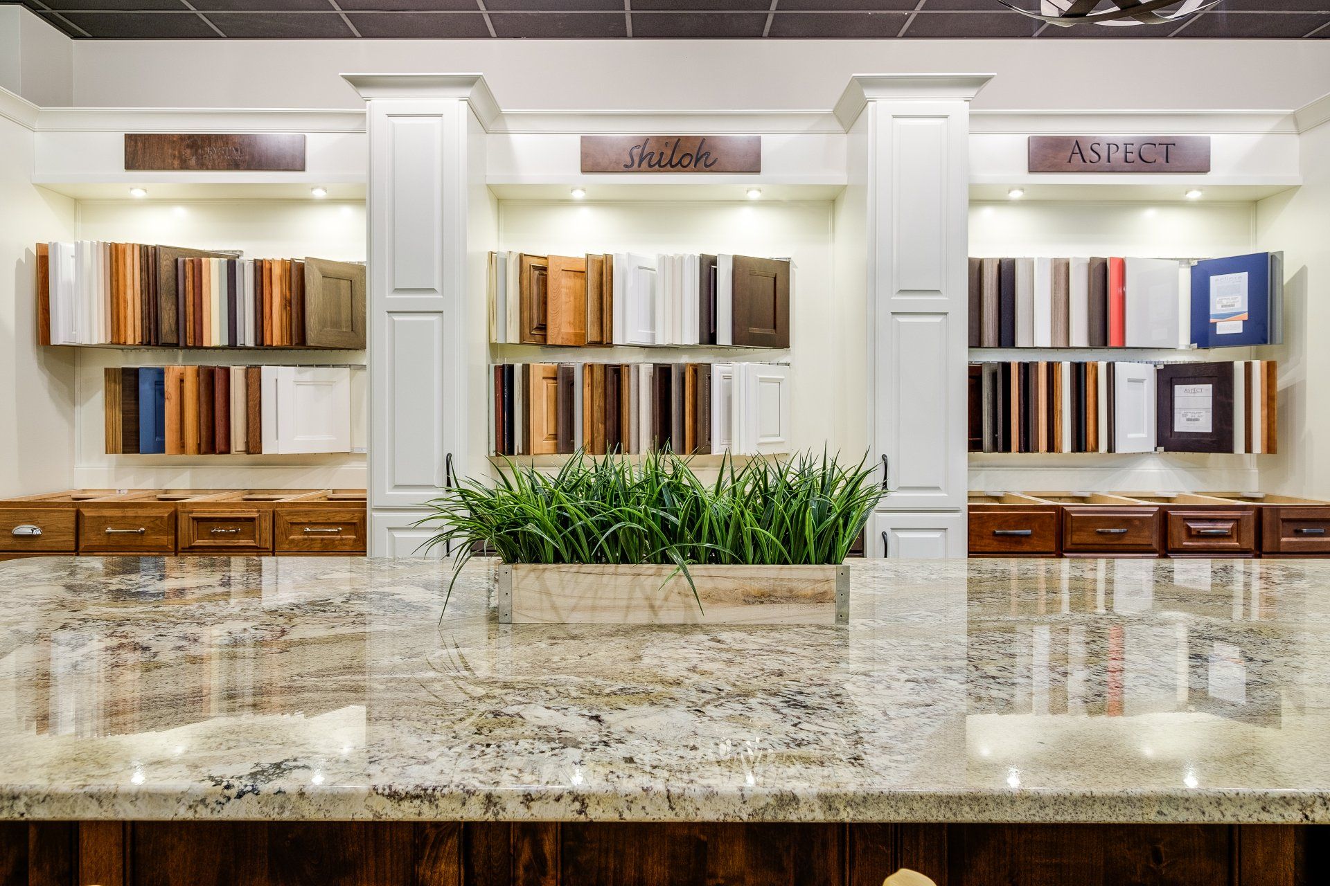 Elegant lobby bookshelf display with books, white columns, greenery, and a polished stone counter