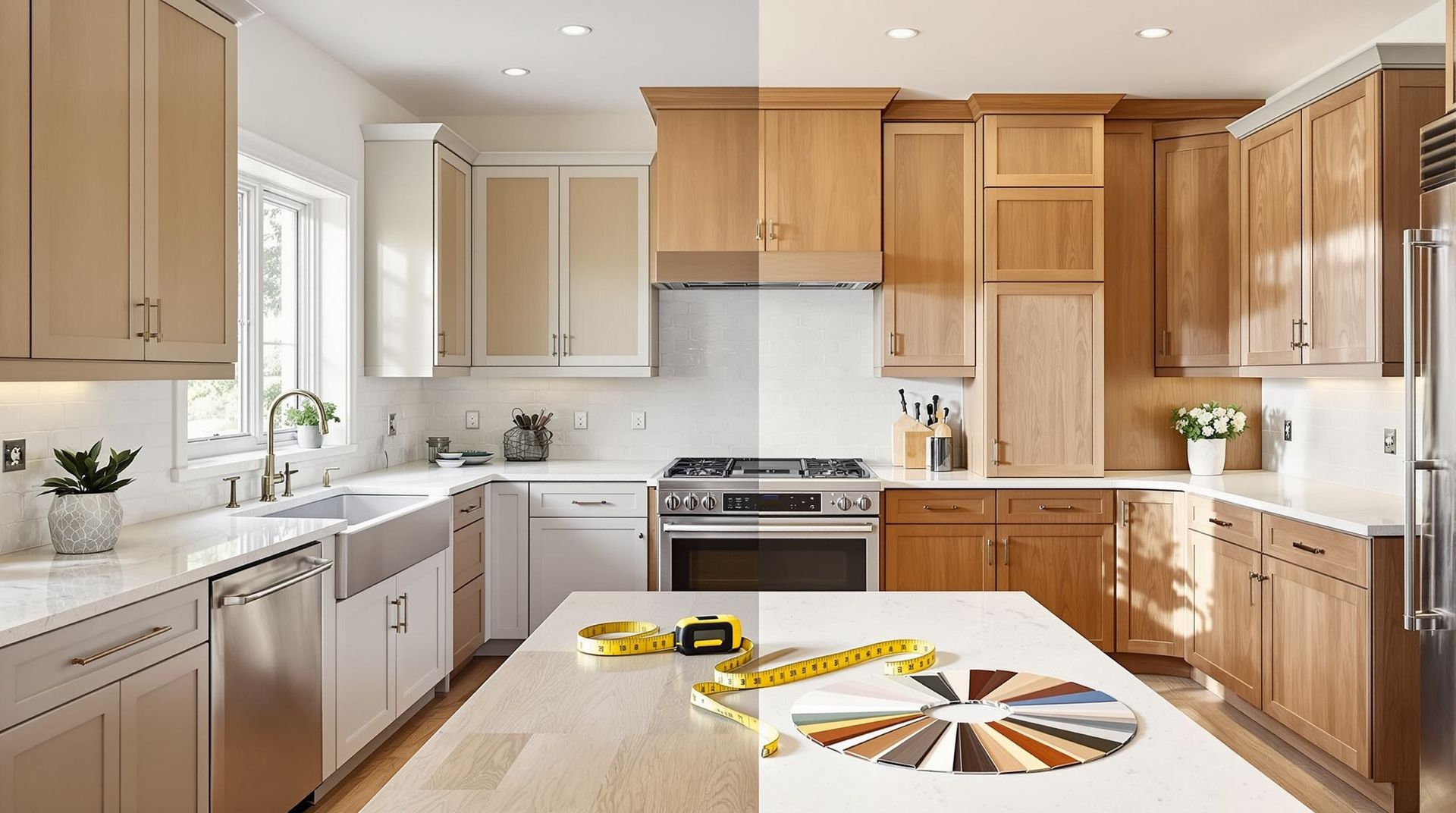 Bright modern kitchen with wood cabinets, white countertops, and a central island set with plates and yellow napkins