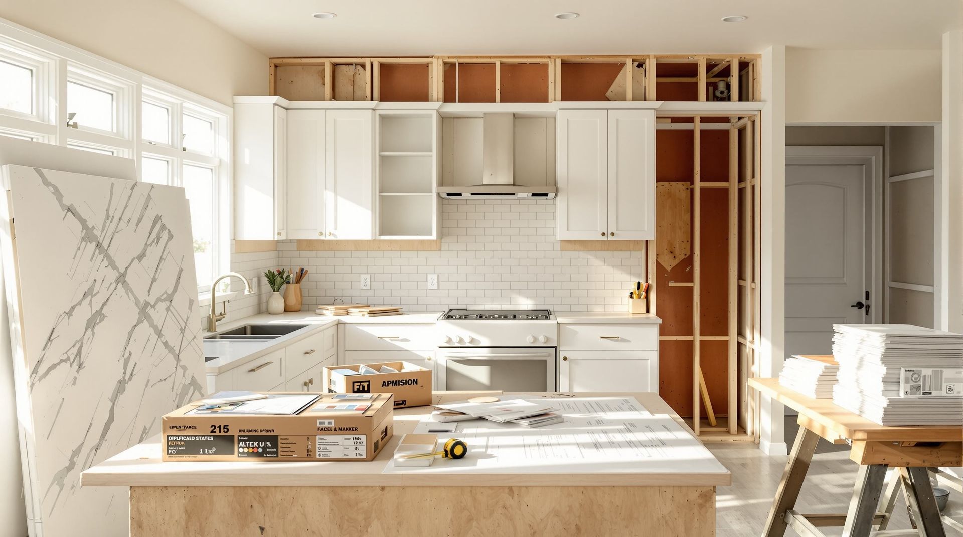 Bright modern kitchen under renovation with cabinets, countertop, and construction materials scattered around