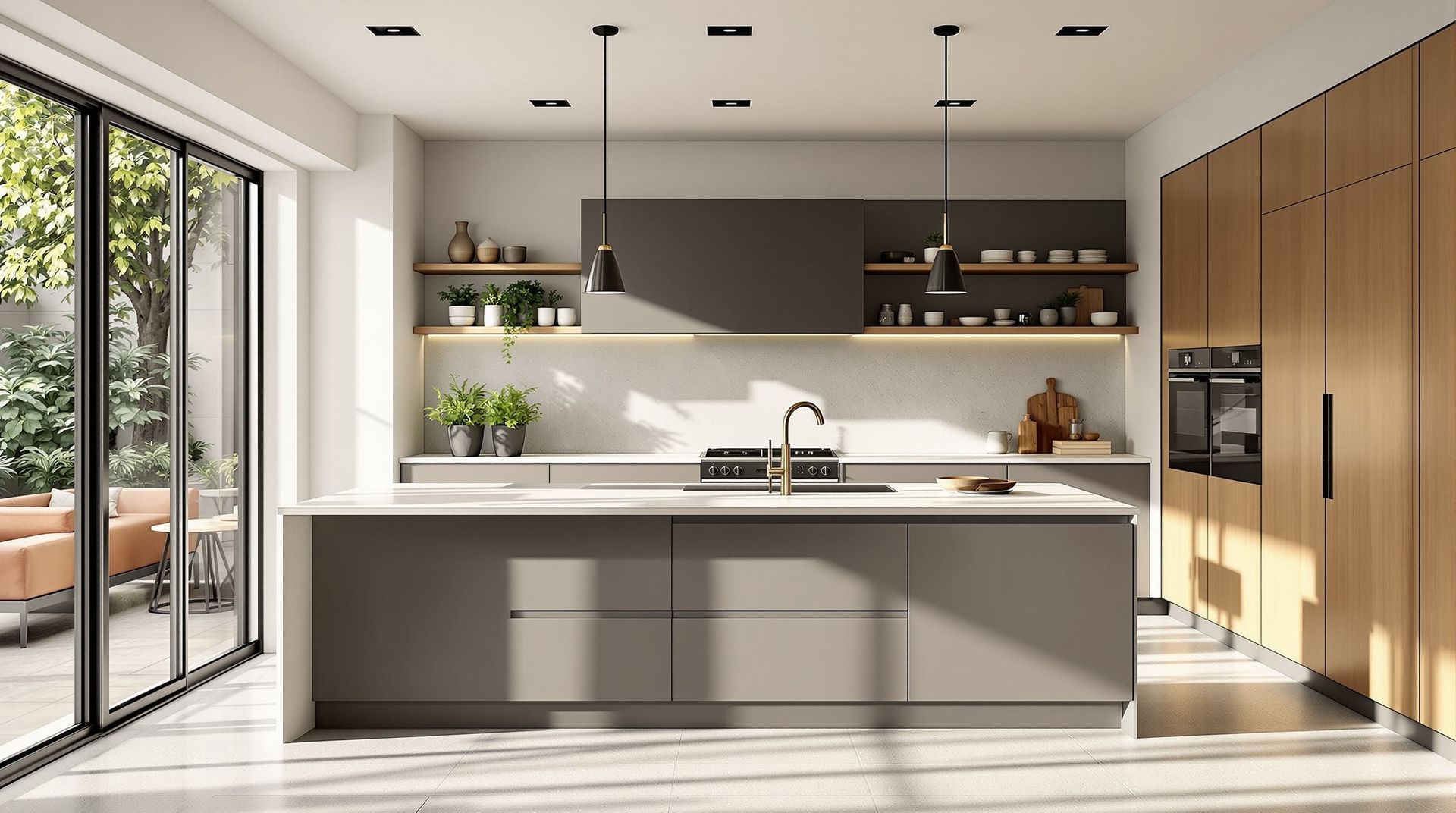 Modern minimalist kitchen with island, black range hood, wood cabinets, and sunlight from large windows