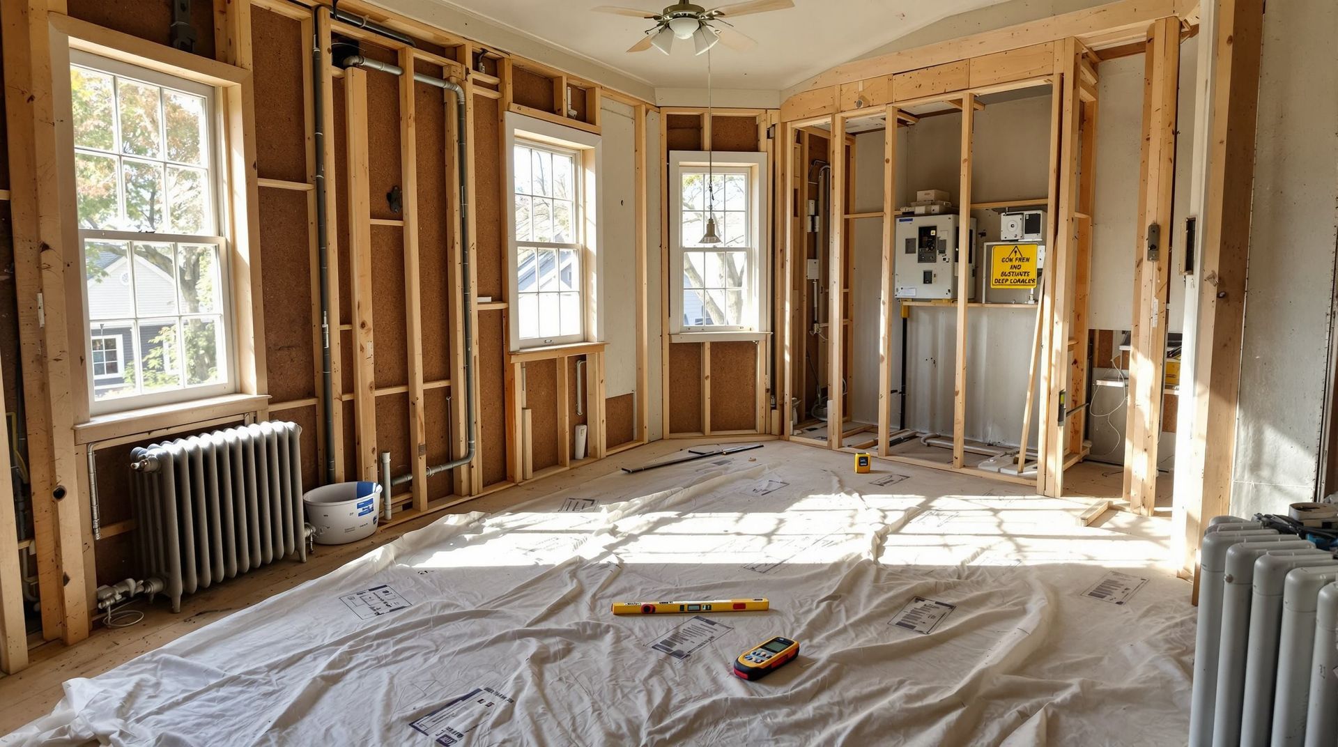 Renovated room with exposed studs, plastic-covered floor, windows, and tools during construction