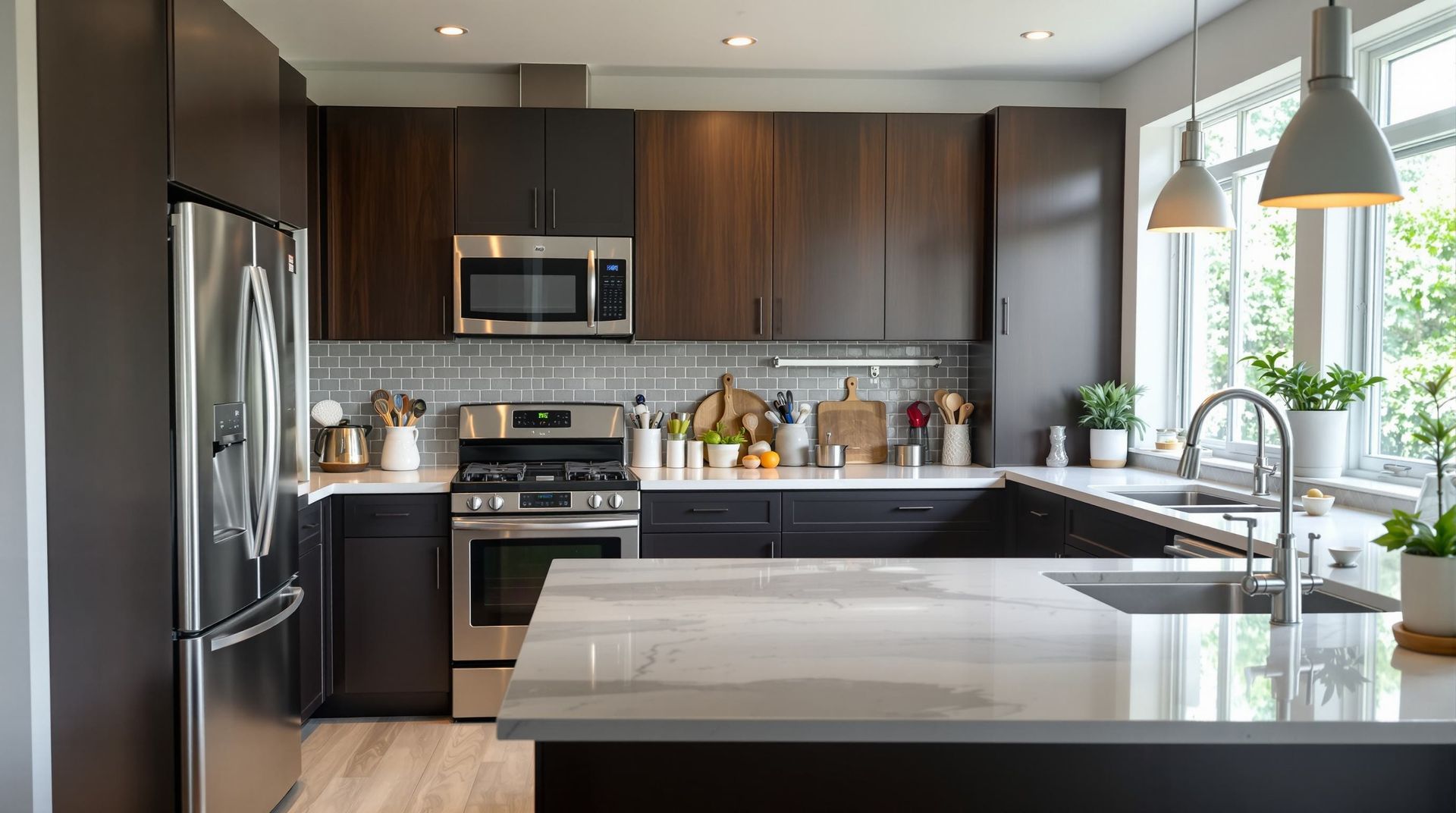 Modern kitchen with dark wood cabinets, stainless steel appliances, and a large island by a window