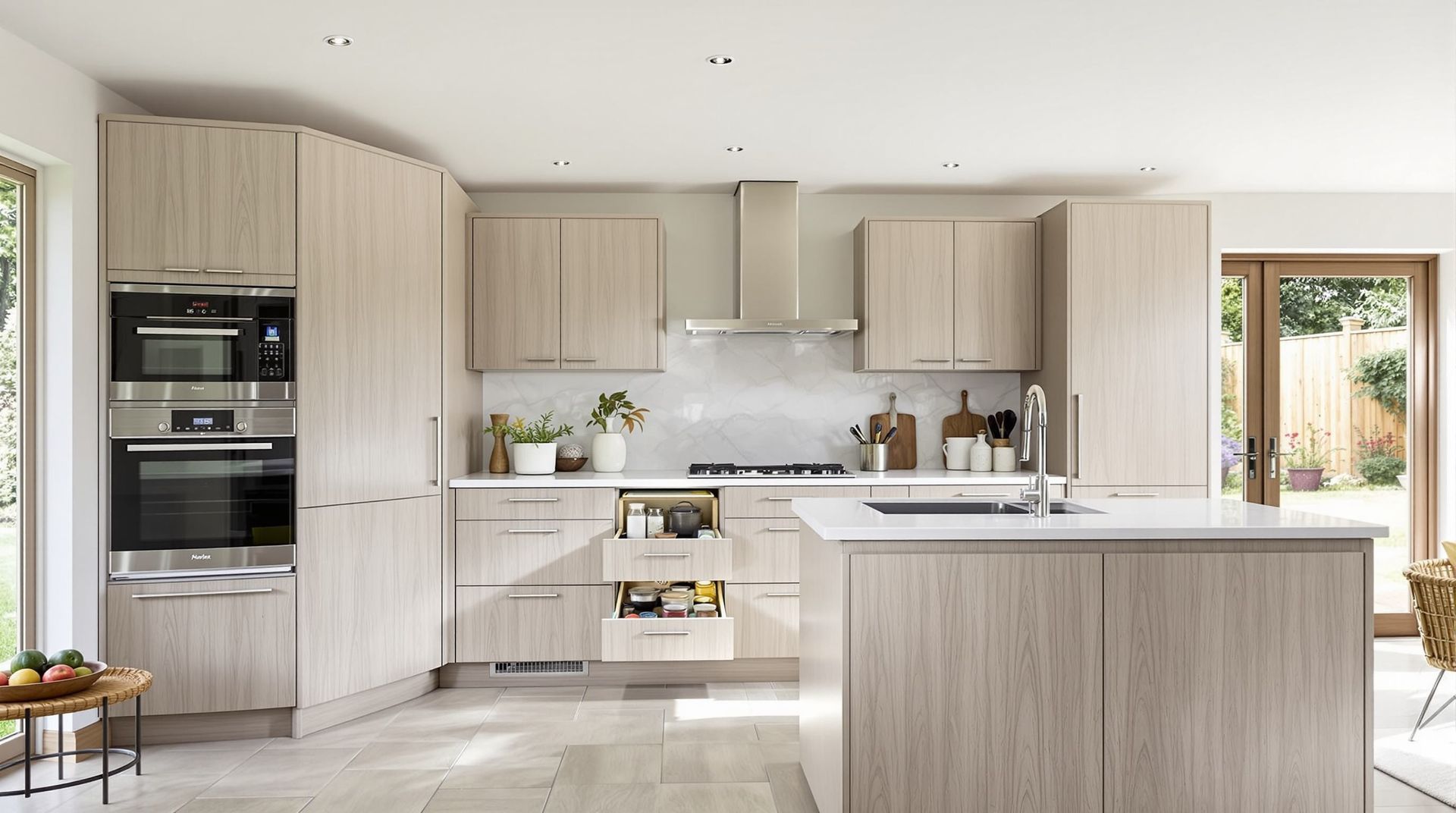 Bright modern kitchen with light wood cabinets, stainless appliances, and a large island.