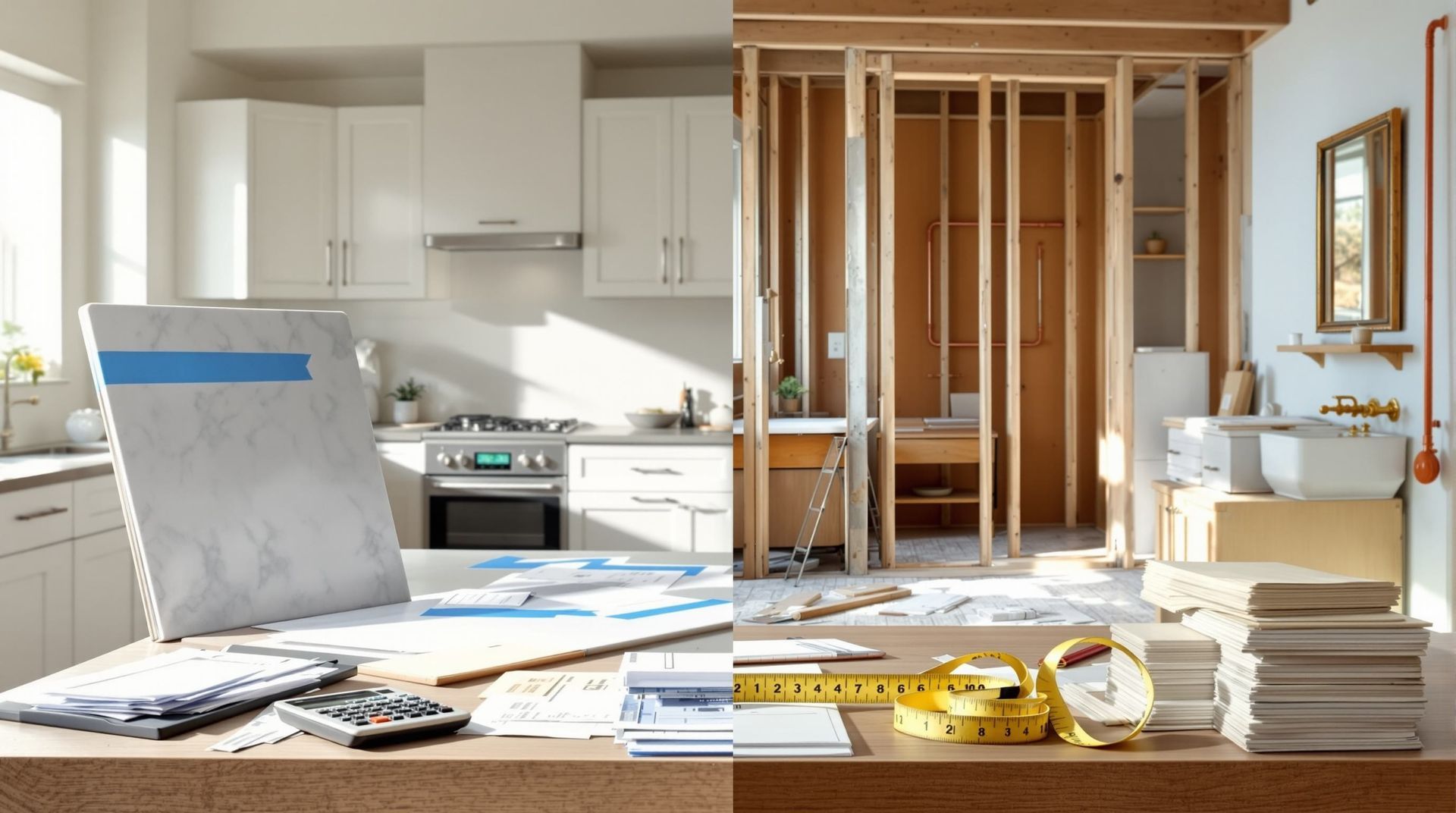 Bright kitchen renovation with exposed studs, paint samples, tools, and plans on a counter.