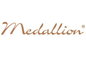 Medallion logo in tan script on a white background