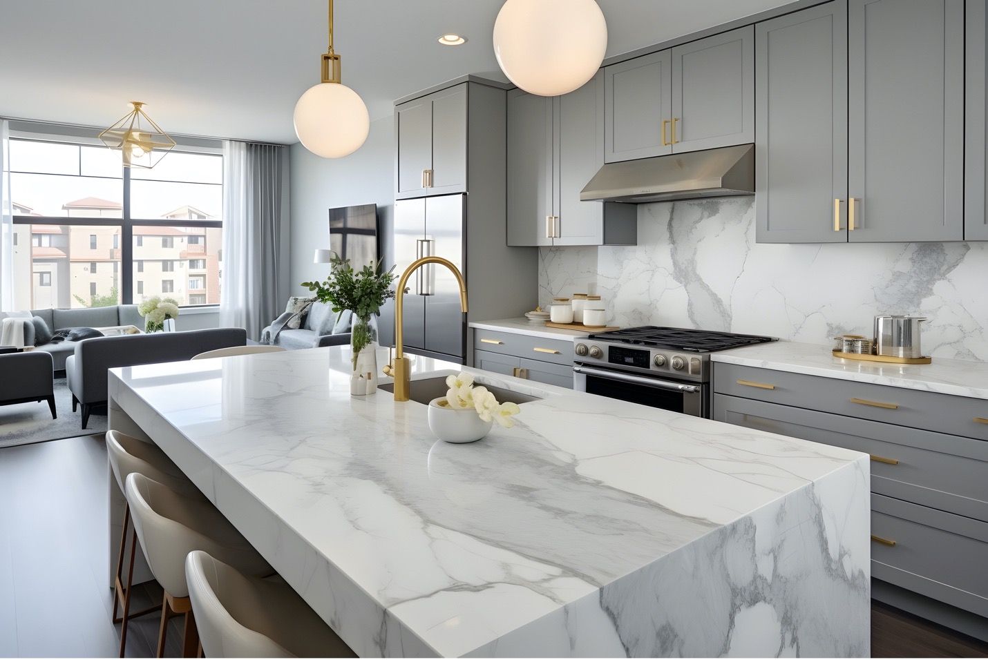Modern kitchen with marble island, gray cabinets, pendant lights, and large window overlooking a living room