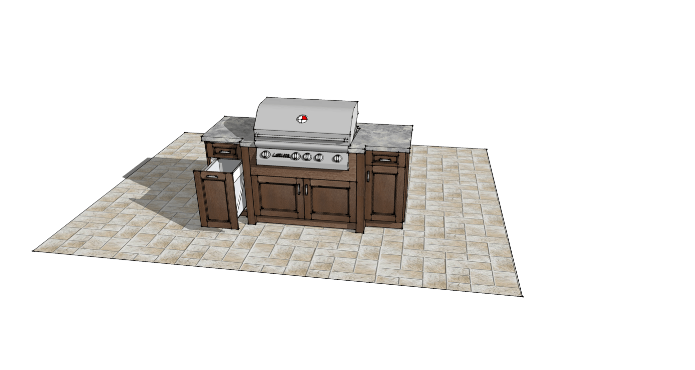 Outdoor stainless steel grill with wooden cabinets on a stone patio or paver surface