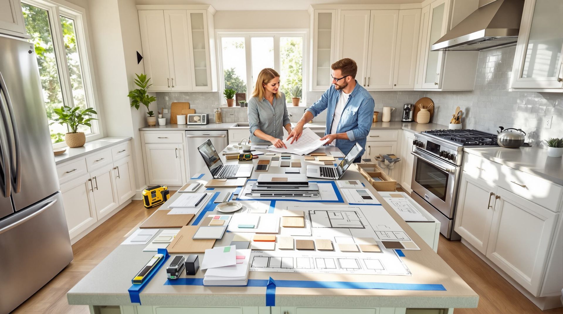 Couple reviewing blueprints on a kitchen island in a bright, modern kitchen