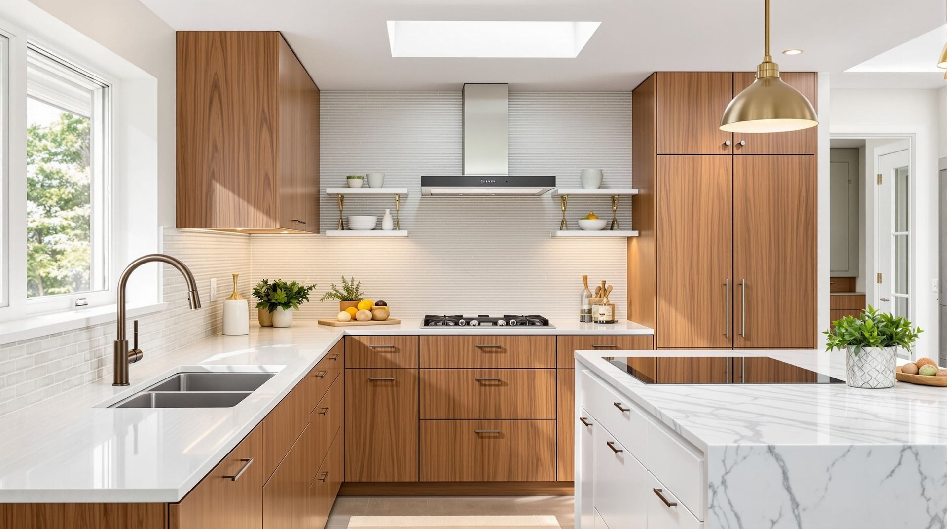Bright modern kitchen with wood cabinets, white countertops, and a marble island under a pendant light.