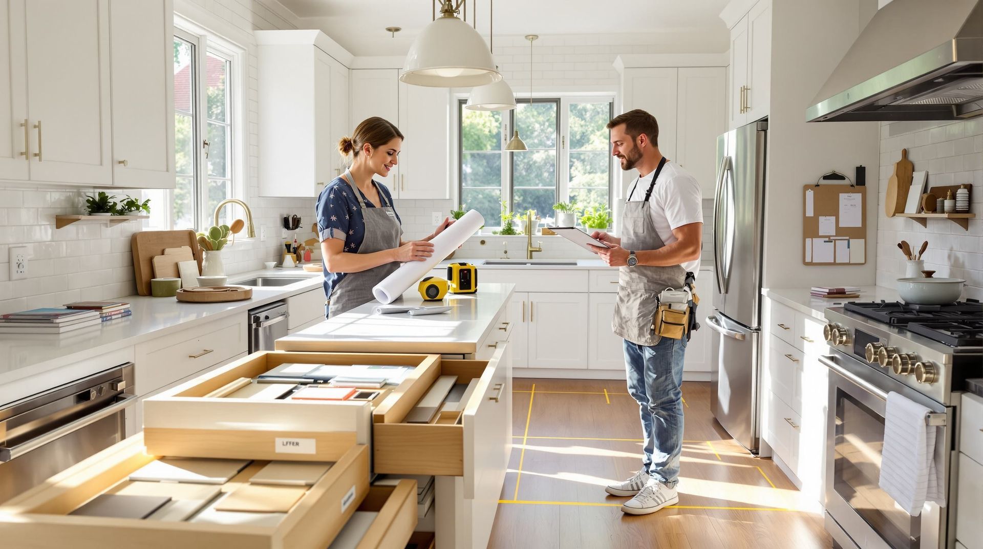 Two people discussing a bright kitchen renovation with open cabinets and tools on the island.