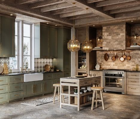 Rustic kitchen with olive cabinets, stone backsplash, farmhouse sink, and hanging copper pots