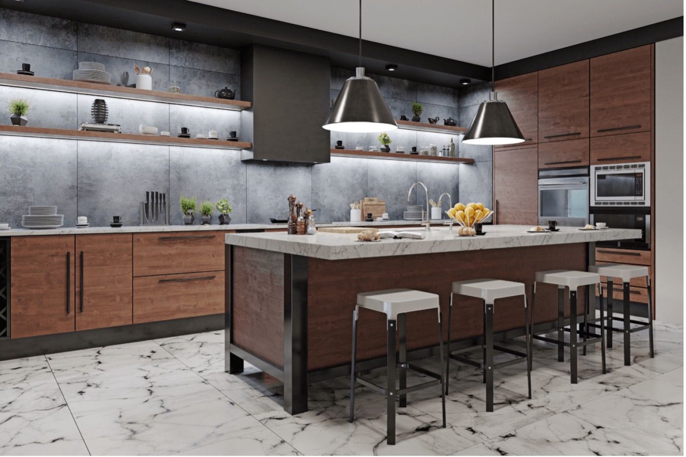 Modern kitchen with wood cabinets, marble island, pendant lights, and bar stools