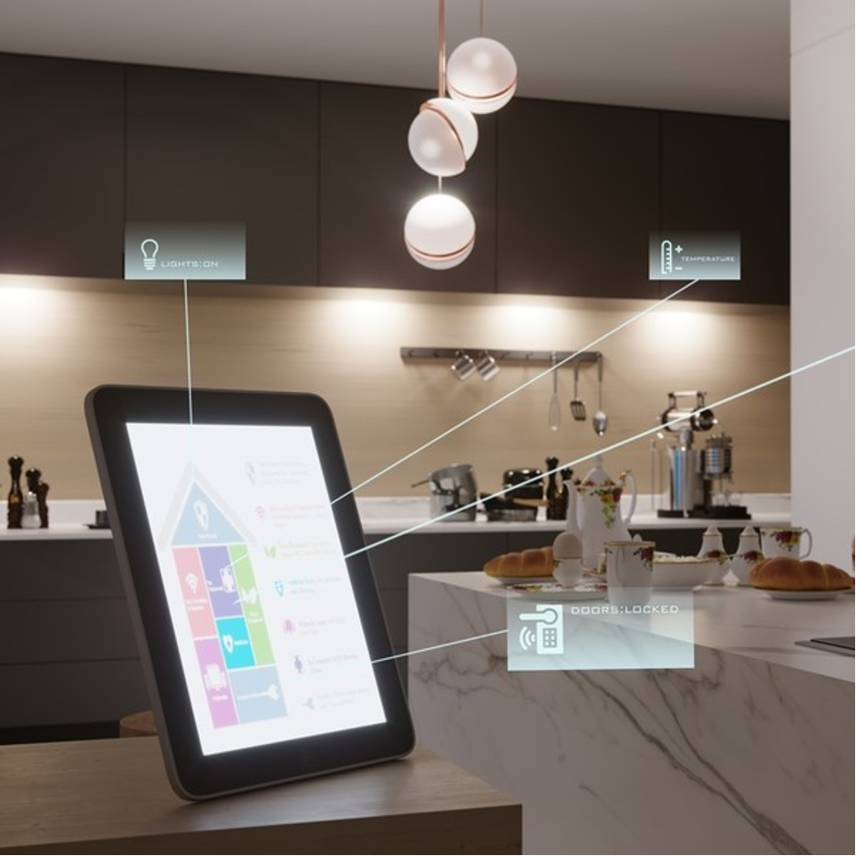 Modern kitchen with a tablet on a counter, marble island, warm pendant lights, and smart-home control overlays