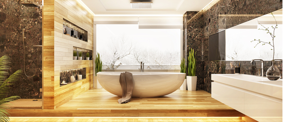 Modern luxury bathroom with wooden accents, freestanding tub by a window, and a glass shower.