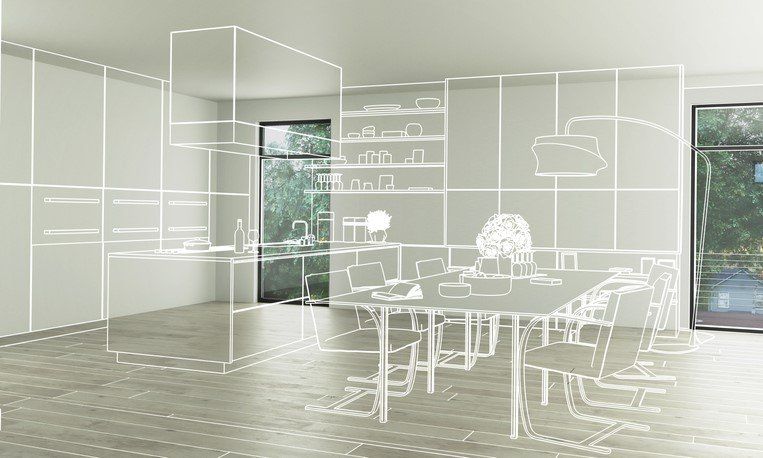 Minimalist open-plan kitchen with white wireframe furniture and shelves, large windows, and wood flooring