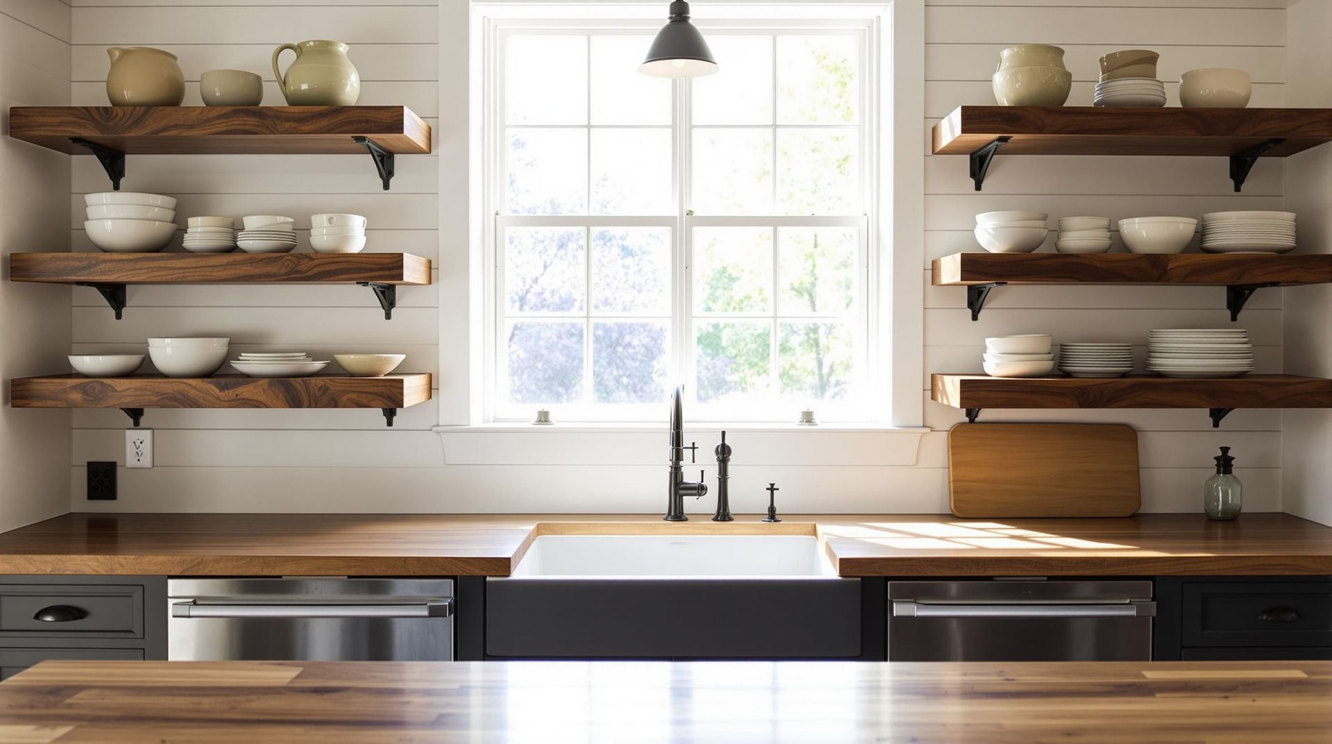 Bright kitchen with open shelves, a central window, wooden counters, and a farmhouse sink.