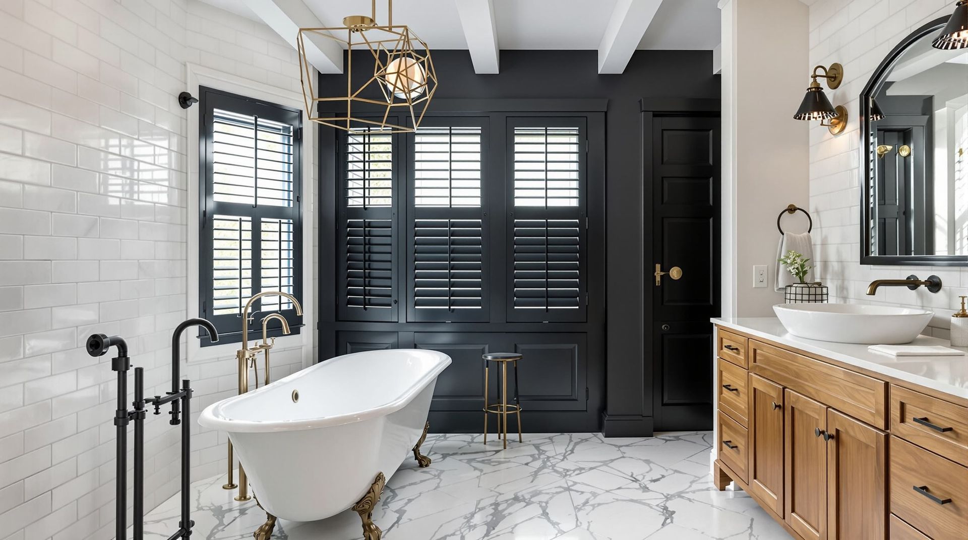 Elegant black-and-white bathroom with freestanding tub, shutters, marble floor, and wood vanity