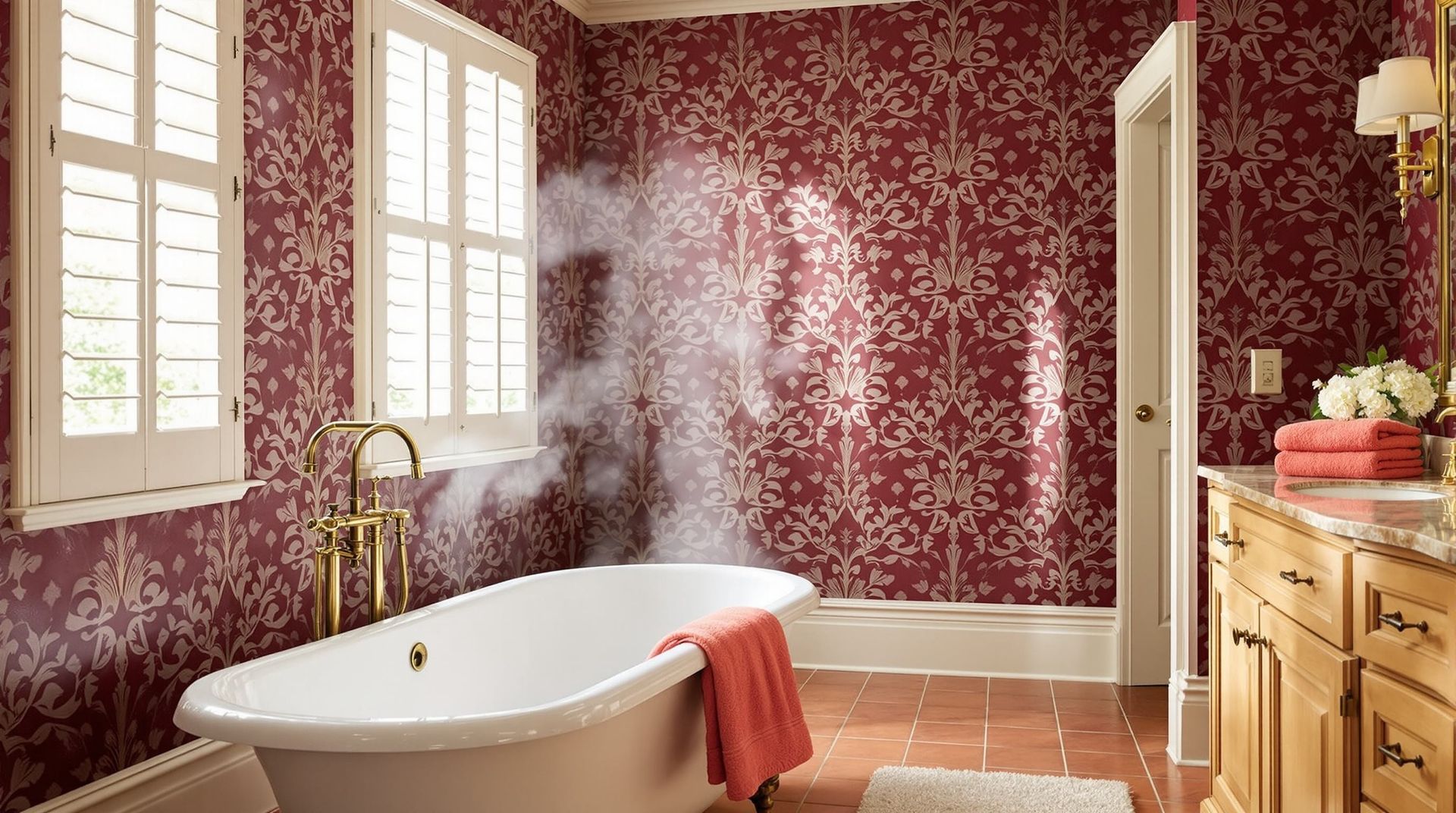Cozy bathroom with a white clawfoot tub, burgundy wallpaper, sunlight, and wooden vanity