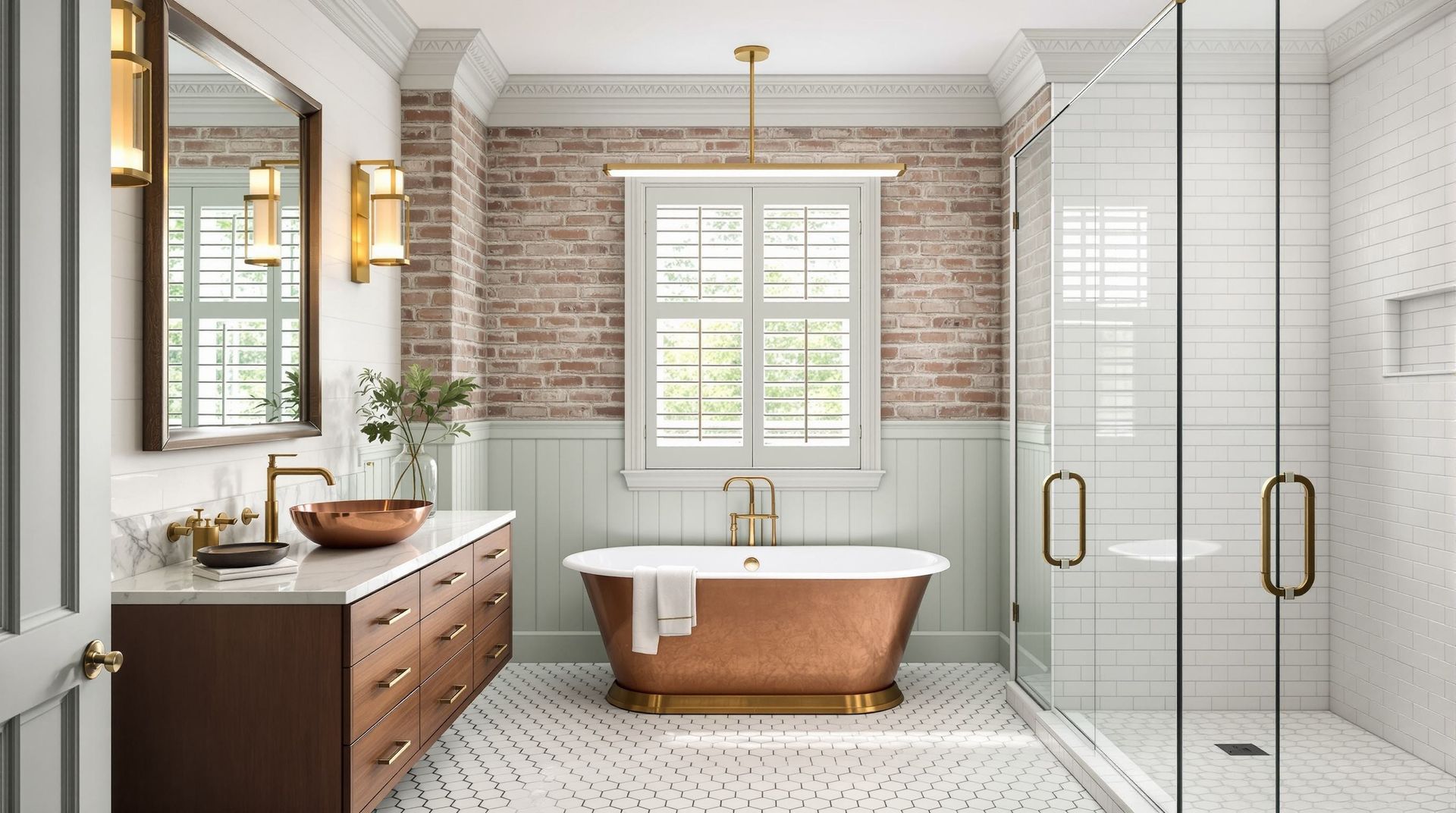 Bright modern bathroom with copper tub, white tile floor, wooden vanity, and glass shower
