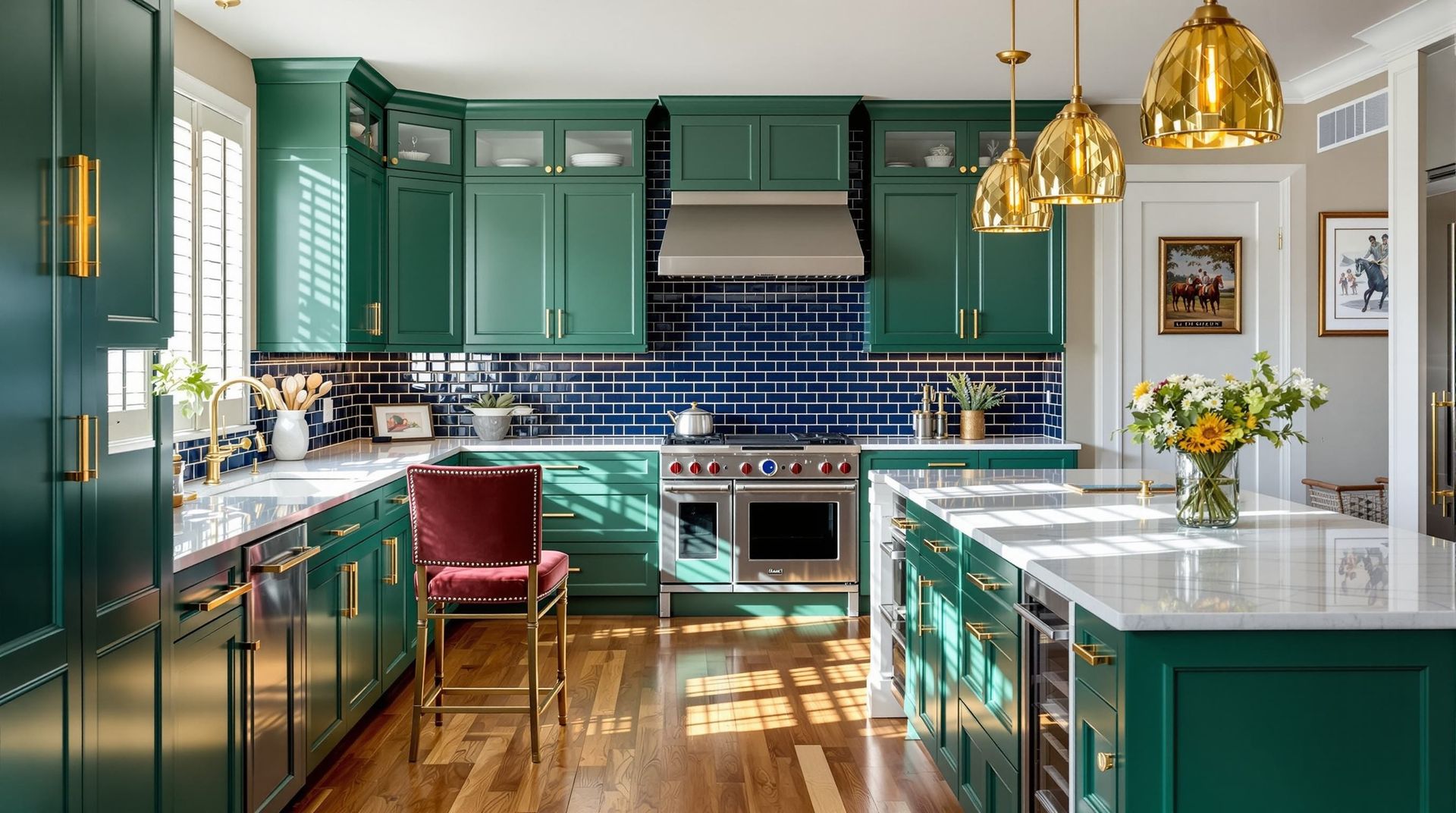 Elegant teal kitchen with marble island, brass pendant lights, blue tile backsplash, and red chairs