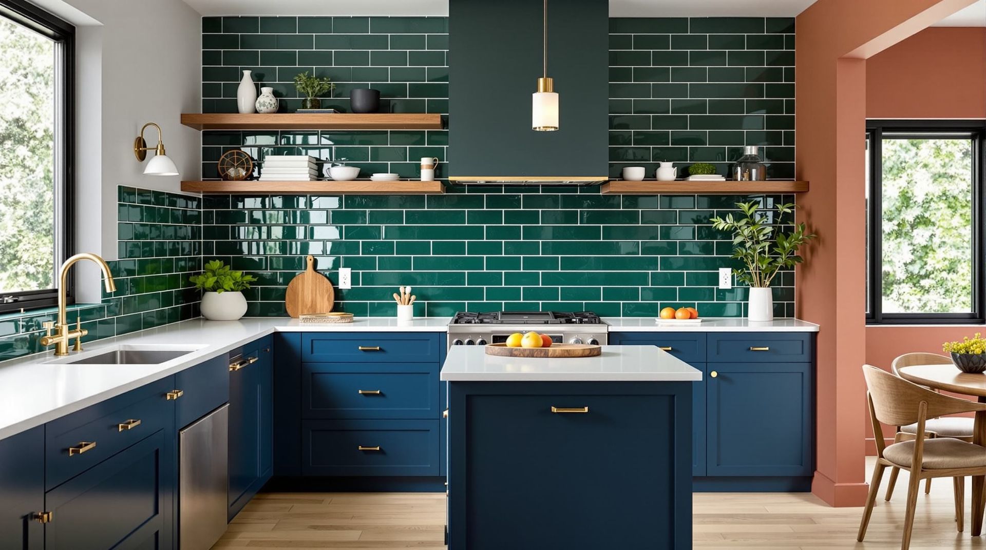 Modern kitchen with navy cabinets, green tile backsplash, wood shelves, and a central island with pendant light.