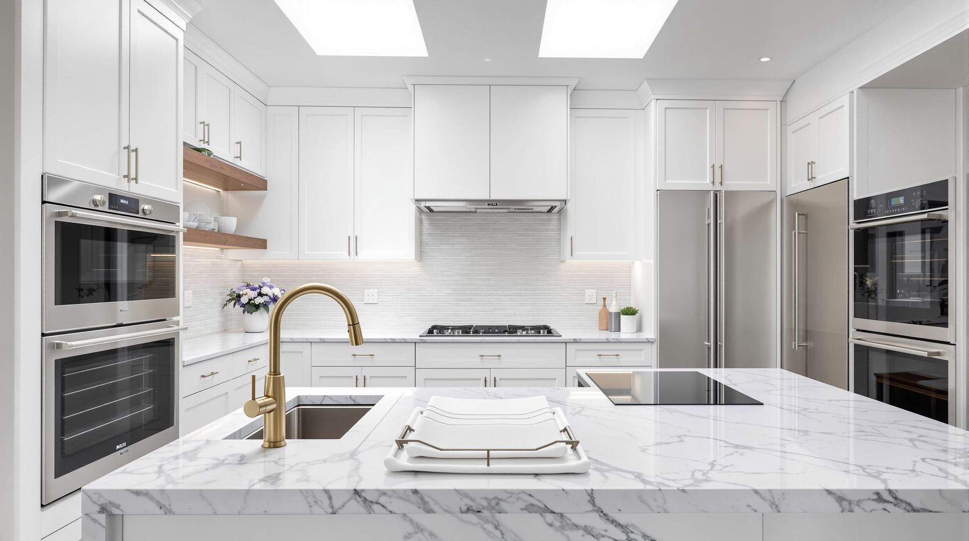 Bright white modern kitchen with marble island, gold faucet, stainless appliances, and skylights