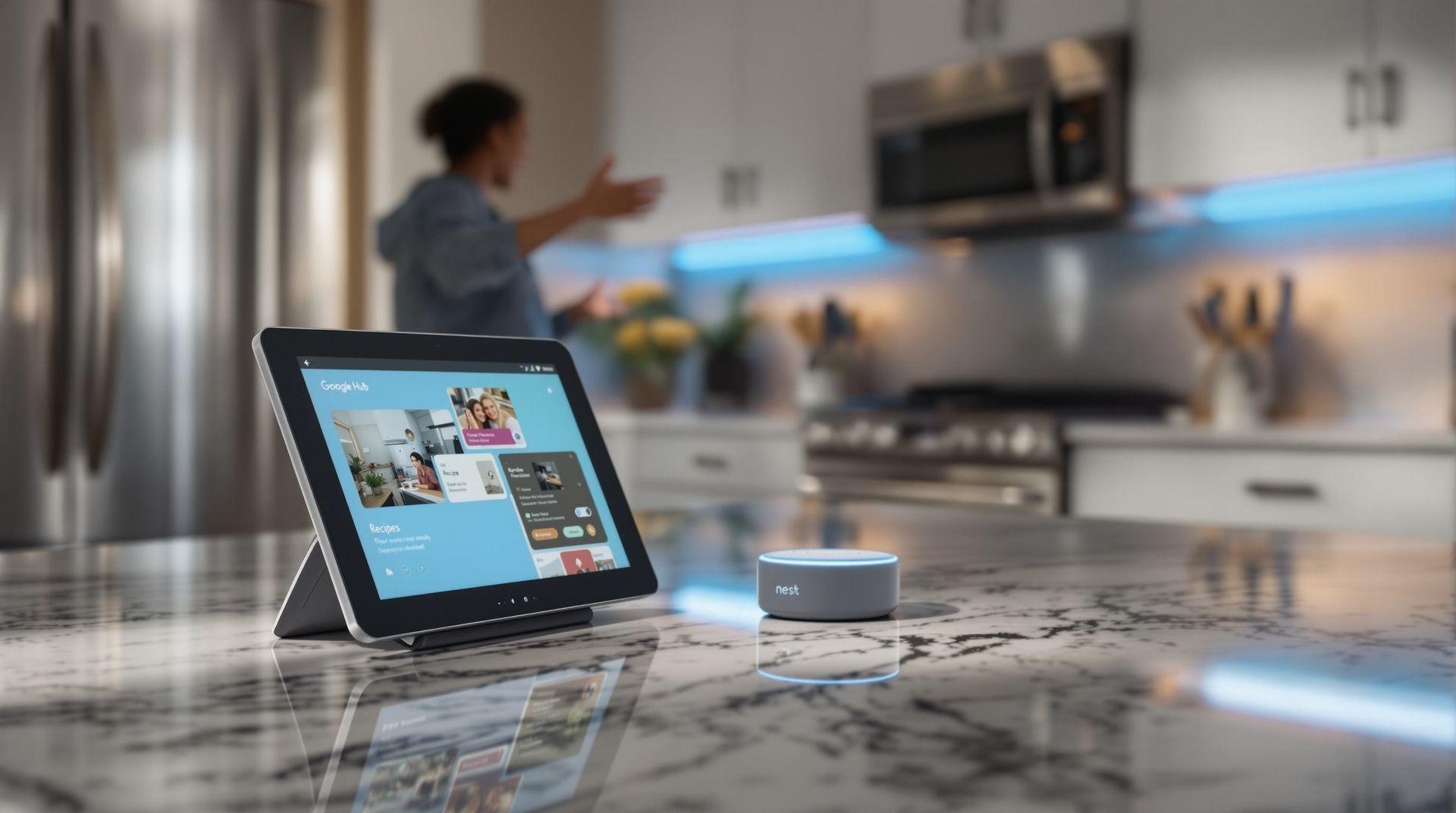 Tablet on a kitchen countertop beside a smart speaker in a modern kitchen, with a blurred person cooking in the background
