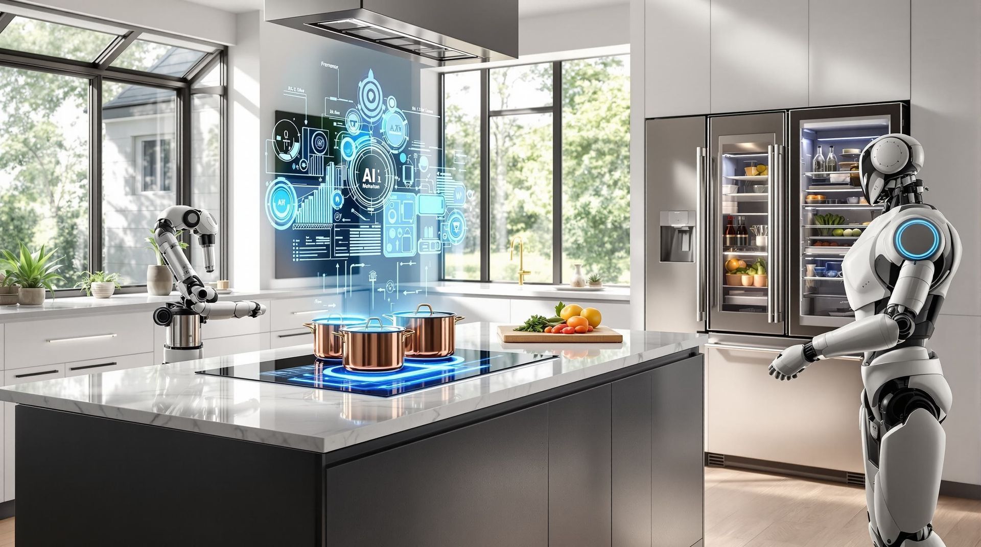 Modern kitchen with a humanoid robot beside a glowing holographic smart-home interface