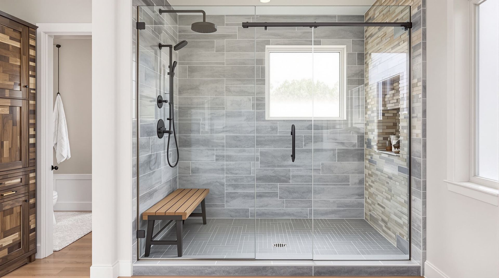 Modern bathroom with glass-enclosed shower, gray tile, wooden bench, and adjacent tub area