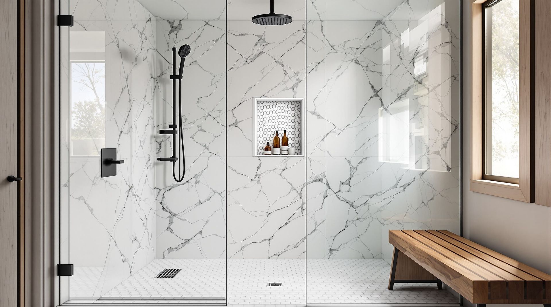 Modern marble-tiled walk-in shower with black fixtures, glass door, window, and wooden bench.