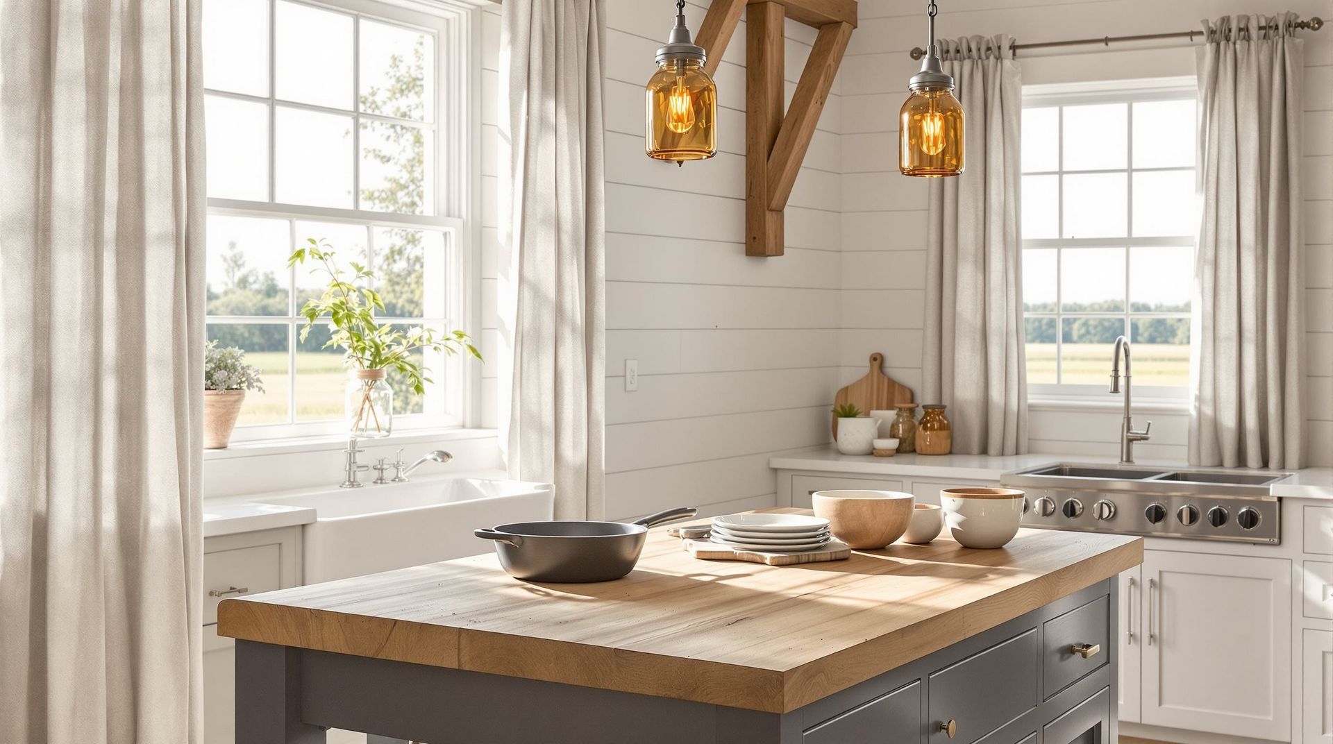 Bright white farmhouse kitchen with wooden island, hanging lights, and sunlit windows