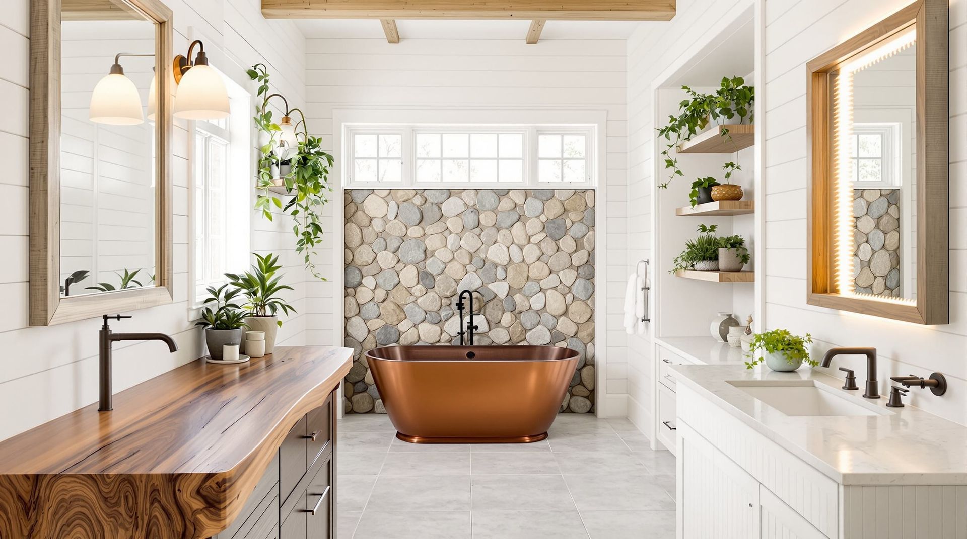 Bright modern bathroom with a copper bathtub, double sinks, wood accents, and potted plants