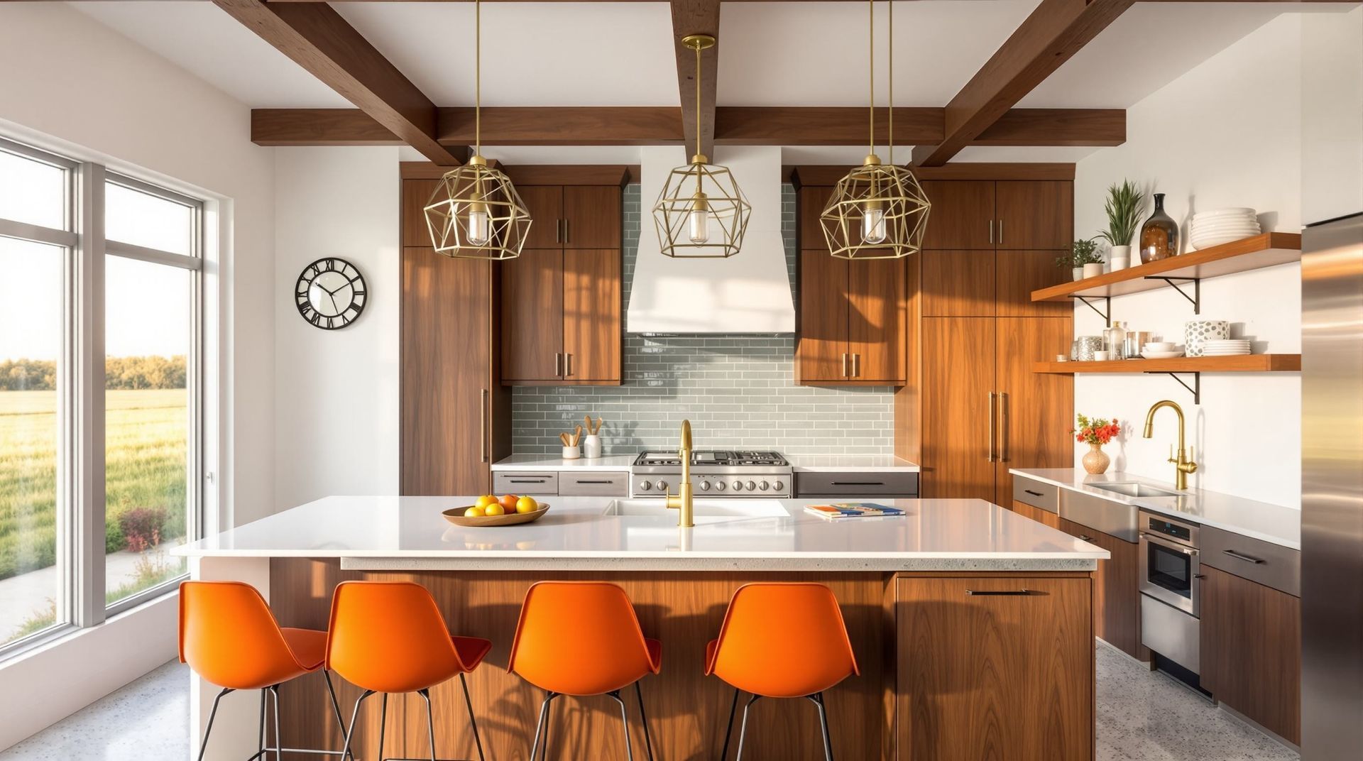 Modern kitchen with wood cabinets, white island, orange bar stools, pendant lights, and large windows
