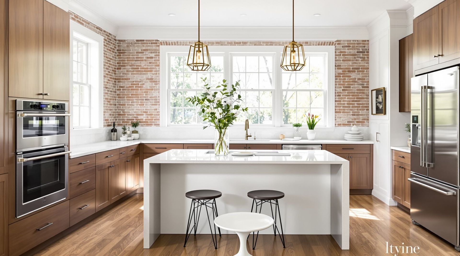 Bright modern kitchen with white island, wood cabinets, brick backsplash, and pendant lights