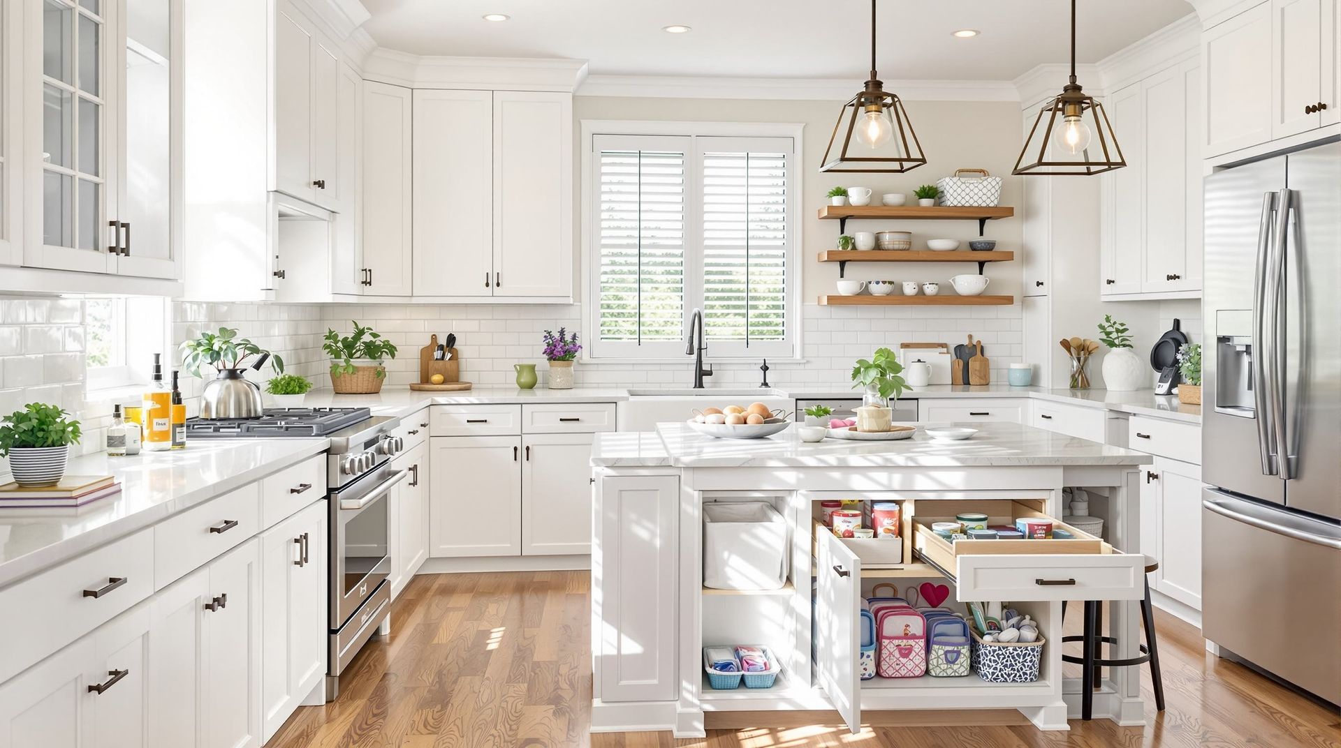 Bright white kitchen with island, pendant lights, stainless appliances, and a wooden floor.