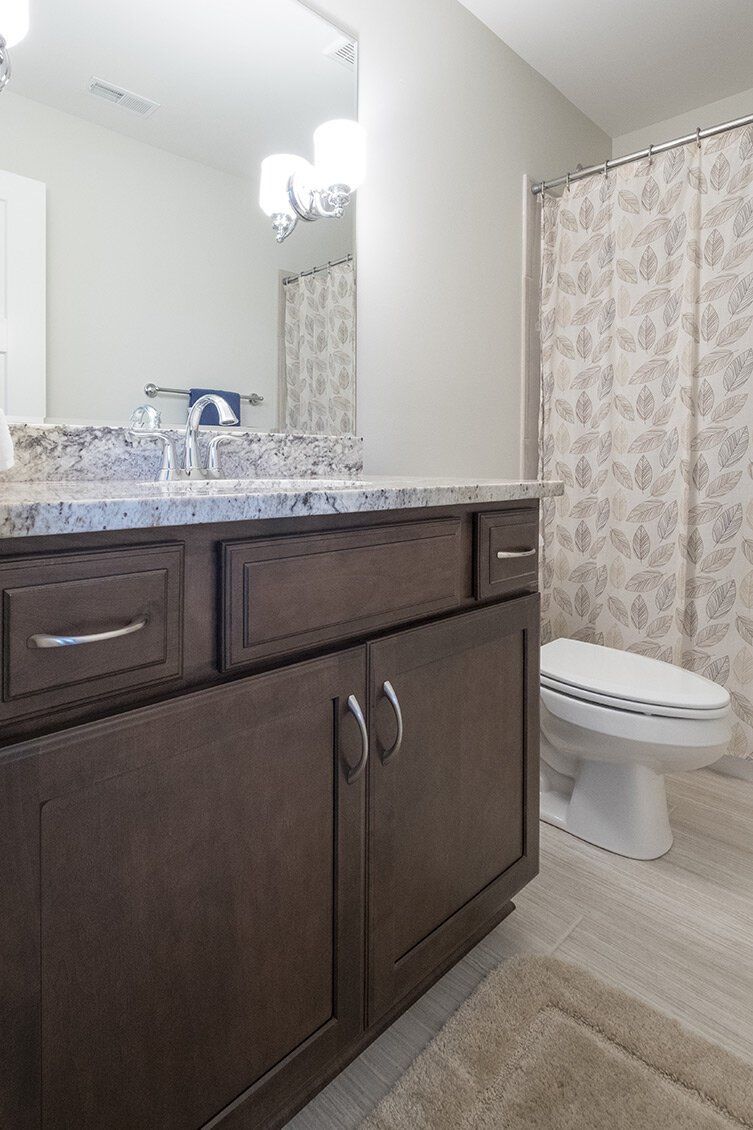 Bathroom with dark wood vanity, granite countertop, mirror, shower curtain, and toilet.