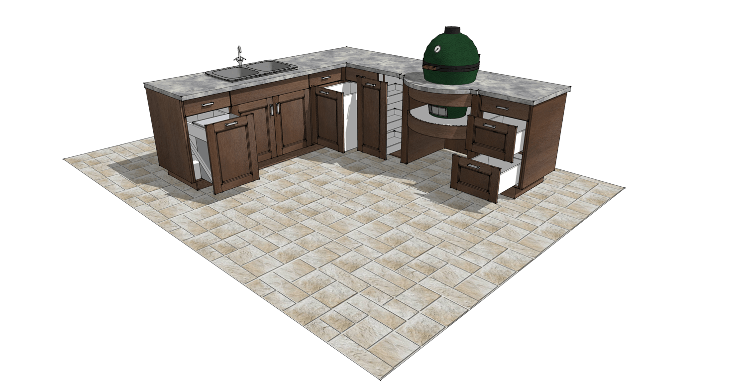 3D render of a modern L-shaped kitchen with brown cabinets, white countertops, and beige tiled floor