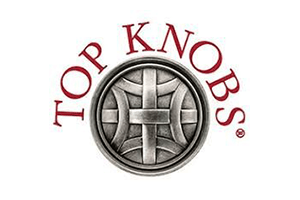 Top Knobs logo with red text around a silver woven metal knob emblem