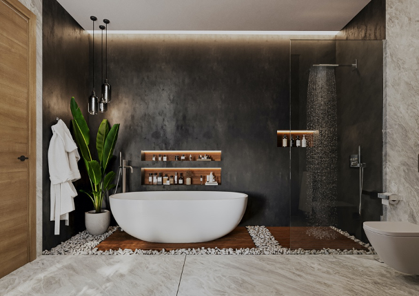 Modern bathroom with freestanding tub, dark stone walls, wood accents, and a plant