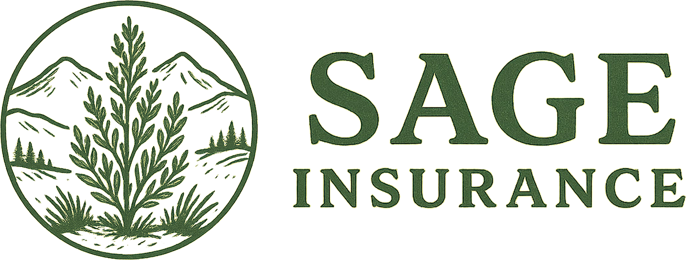 Sage Insurance logo featuring a circular drawing of a plant in front of mountains next to the text "SAGE INSURANCE."